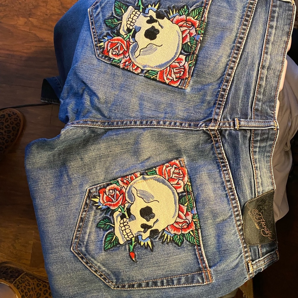 Ed Hardy Blue Jeans with Skull and Rose Embroidery - Picture 2 of 12
